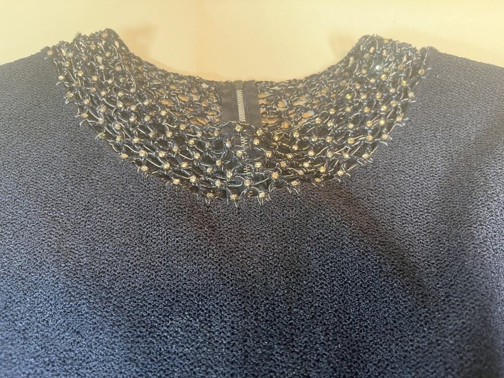 Vintage Calvaire 5th Ave New York Navy Beaded Knit Sweater Top Zip Back